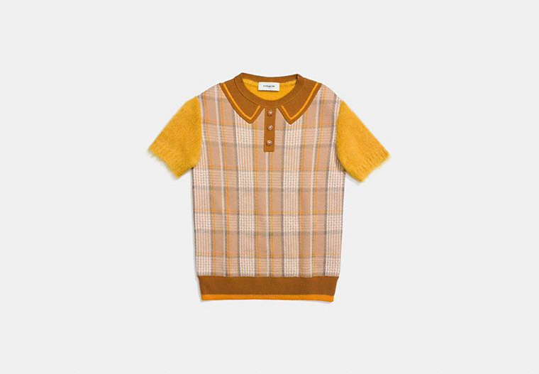 COACH®,RETRO PLAID POLO,Mixed Material,Tan,Front View
