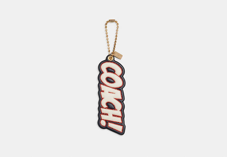 COACH®,COMIC COACH SCRIPT HANGTAG,Leather,Gold/Midnight Navy/Chalk,Front View