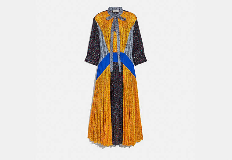COACH®,PLEATED TIE DRESS,mixedmaterial,Blue/Black/Yellow,Front View