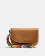 COACH®,DOUBLE POUCH WITH COACH LINK STRAP,Leather,Dark Gunmetal/Light Saddle,Front View