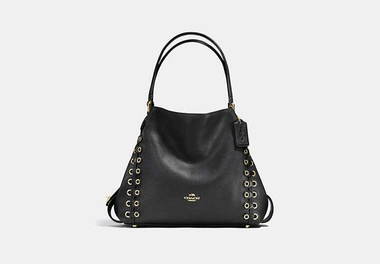 COACH®,EDIE SHOULDER BAG 31 WITH COACH LINK DETAIL,Leather,Large,Light Gold/Black,Front View image number 0