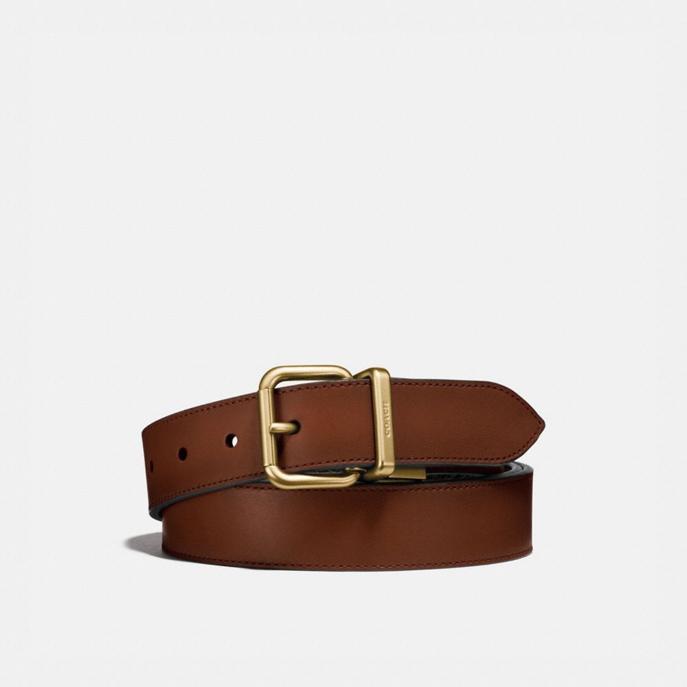 COACH®,HARNESS BUCKLE CUT-TO-SIZE REVERSIBLE BELT, 32MM,Leather,Dark Saddle/Black,Front View