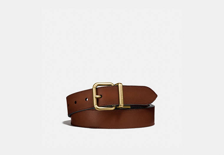 COACH®,HARNESS BUCKLE CUT-TO-SIZE REVERSIBLE BELT, 32MM,Leather,Dark Saddle/Black,Front View
