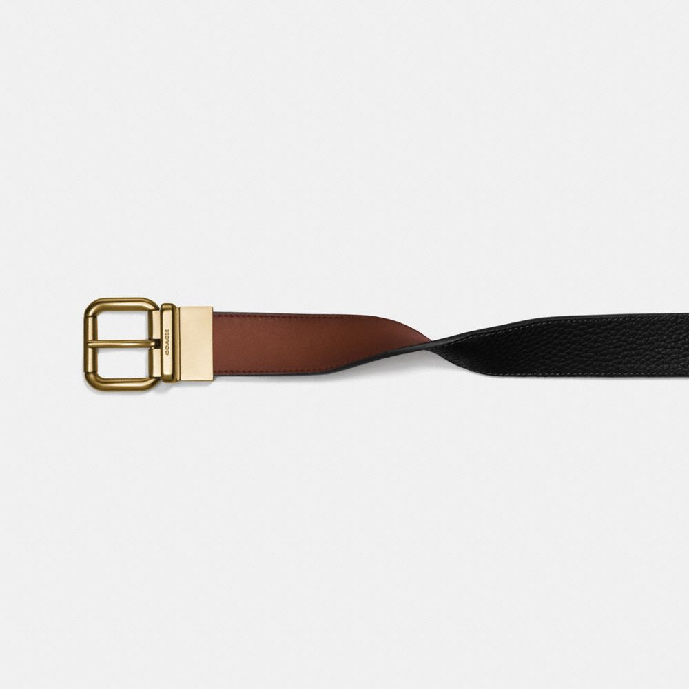 COACH®,HARNESS BUCKLE CUT-TO-SIZE REVERSIBLE BELT, 32MM,Leather,Dark Saddle/Black,Angle View