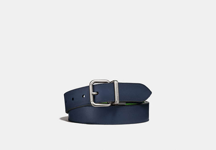 COACH®,HARNESS BUCKLE CUT-TO-SIZE REVERSIBLE BELT, 32MM,Leather,Denim/Utility,Front View