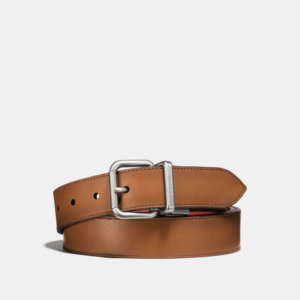 COACH®,HARNESS BUCKLE CUT-TO-SIZE REVERSIBLE BELT, 32MM,Leather,Light Saddle/Vermillion,Front View