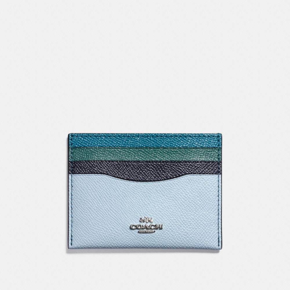 COACH®,CARD CASE IN COLORBLOCK,Leather,Silver/NAVY MULTI,Front View