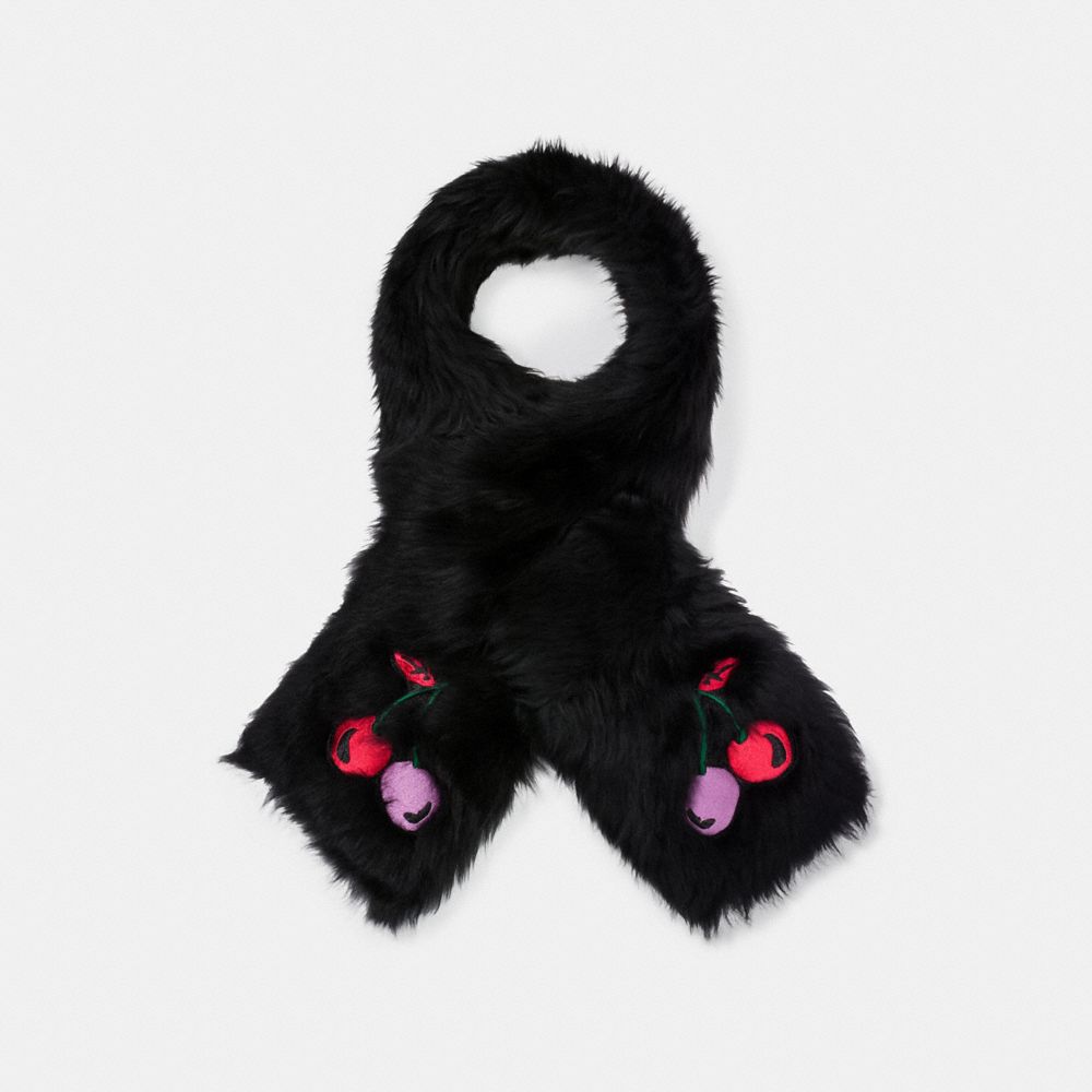 Cherry Embroidered Shearling Scarf