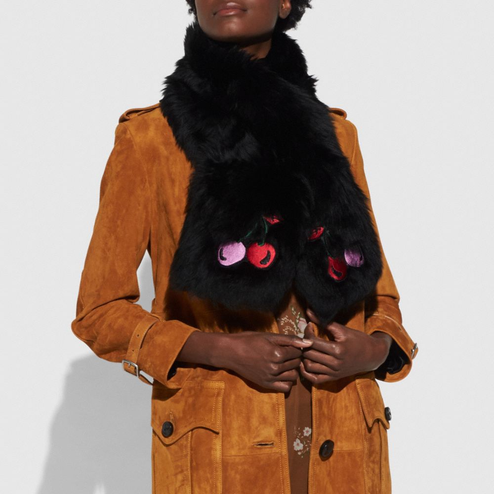 Cherry Embroidered Shearling Scarf