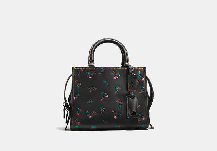 COACH®,ROGUE 25 WITH CHERRY PRINT,Leather,Medium,Black Copper/Black,Front View