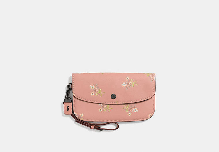 COACH®,CLUTCH WITH FLORAL BOW PRINT,Leather,Black Copper/Pink,Front View