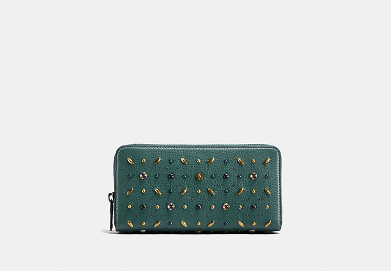 COACH®,ACCORDION ZIP WALLET WITH PRAIRIE RIVETS,Leather,Black Copper/Dark Turquoise,Front View