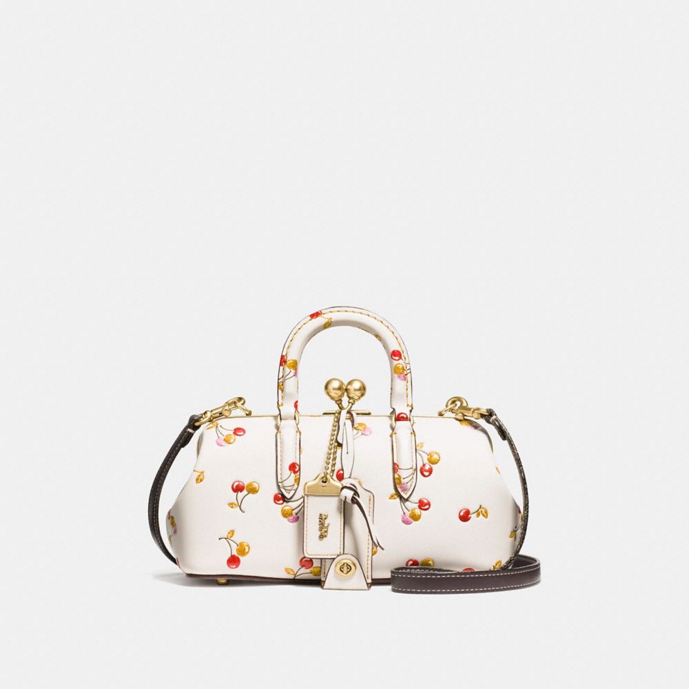 COACH®,KISSLOCK SATCHEL WITH CHERRY PRINT,Leather,Small,Brass/Chalk,Front View