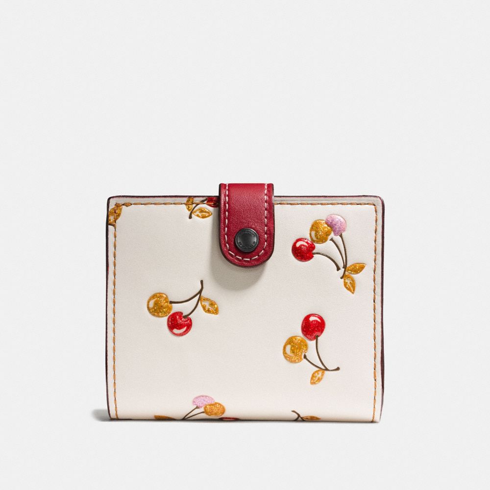 COACH Small Trifold Wallet In Glovetanned Leather With Cherry Print in Red