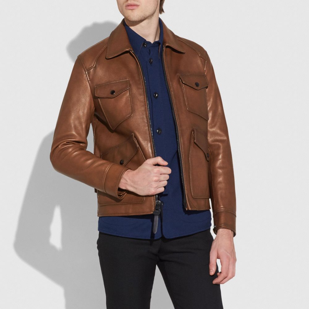 COACH®: Burnished Leather Four Pocket Jacket