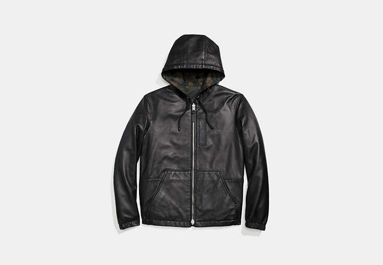 COACH®,HOODED ZIP JACKET,Leather,Black,Front View