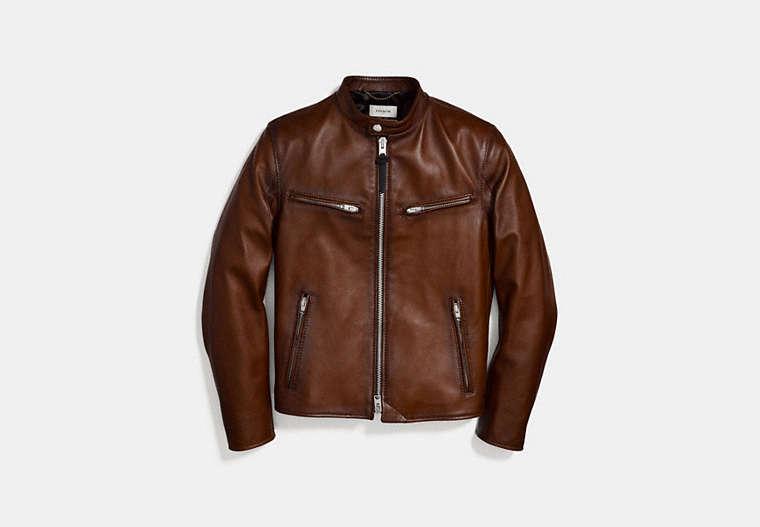 COACH®,RACER JACKET,Leather,Dark Saddle,Front View