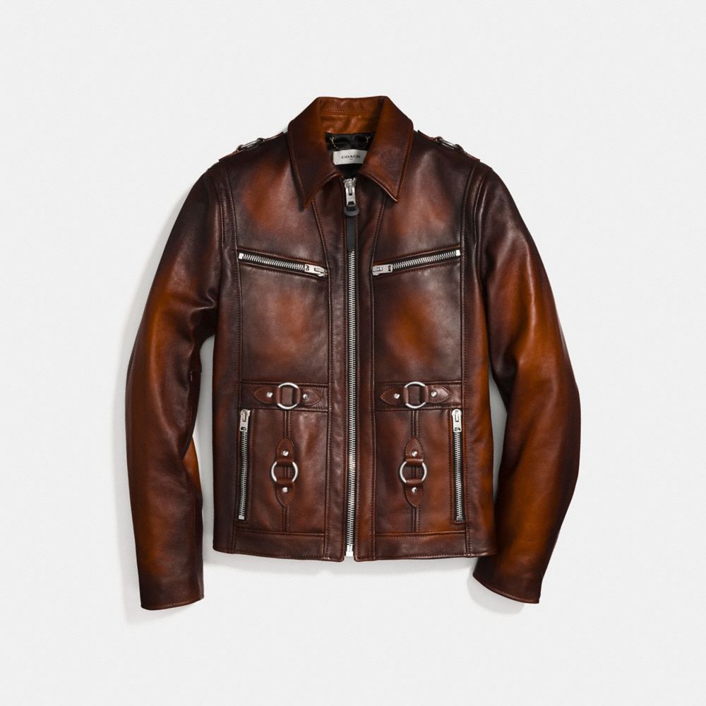 COACH®,BURNISHED LEATHER SHERIFF JACKET,Leather,Saddle,Front View