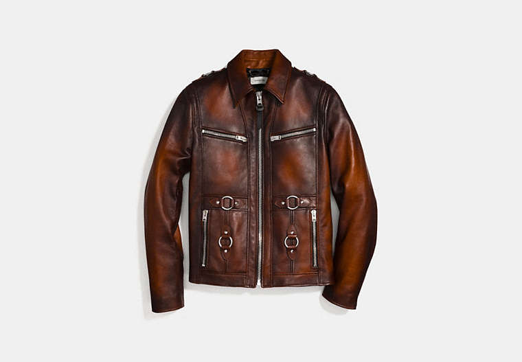 COACH®,BURNISHED LEATHER SHERIFF JACKET,Leather,Saddle,Front View