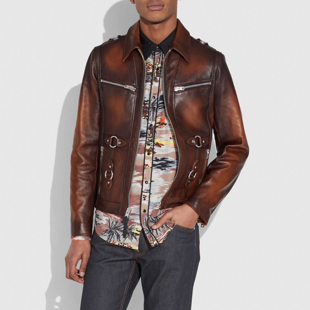 COACH®,BURNISHED LEATHER SHERIFF JACKET,Leather,Saddle,Scale View