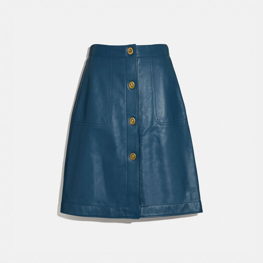 COACH®,LEATHER SKIRT WITH TURNLOCKS,Leather,ALMOST NAVY,Front View image number 0