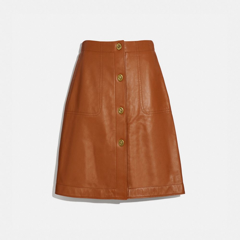 COACH®,LEATHER SKIRT WITH TURNLOCKS,Leather,DARK CARAMEL,Front View