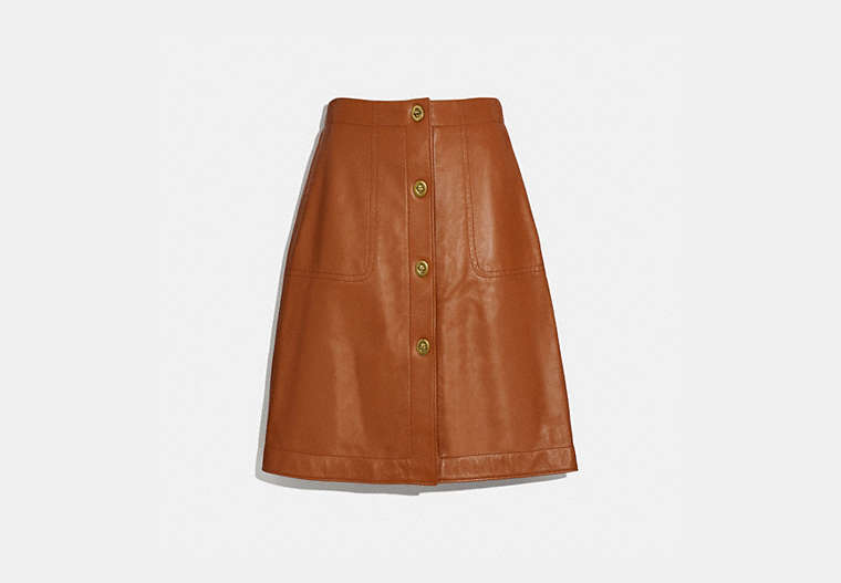 COACH®,LEATHER SKIRT WITH TURNLOCKS,Leather,DARK CARAMEL,Front View