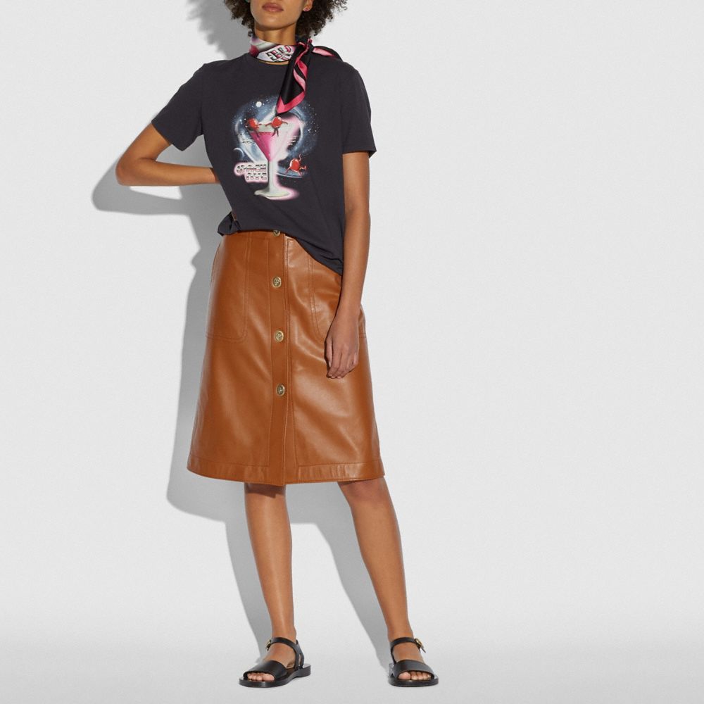COACH®,LEATHER SKIRT WITH TURNLOCKS,Leather,DARK CARAMEL,Scale View