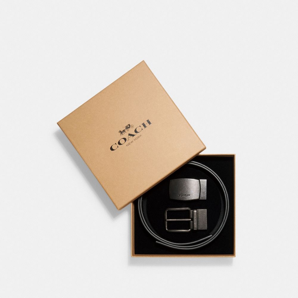 COACH®,BOXED PLAQUE AND HARNESS BUCKLE CUT-TO-SIZE REVERSIBLE BELT, 38MM,Black,Front View image number 0