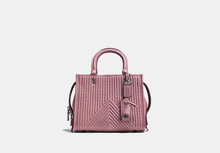 COACH®,ROGUE 25 WITH QUILTING AND RIVETS,Leather,Medium,Black Copper/Dusty Rose,Front View