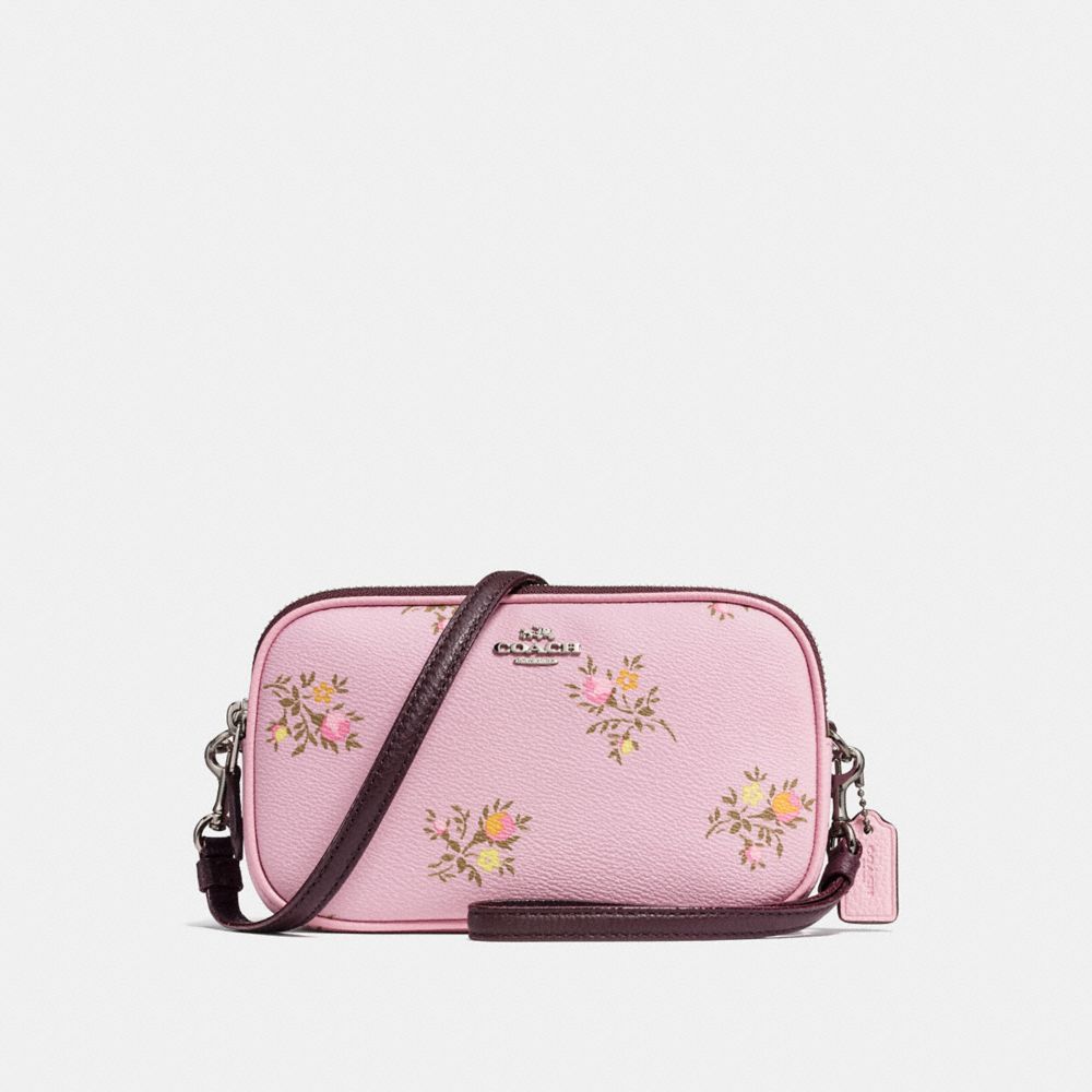 COACH®,CROSSBODY CLUTCH WITH CROSS STITCH FLORAL PRINT,Printed Canvas,Silver/Lily Cross Stitch Floral,Front View