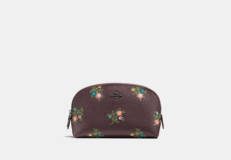 COACH®,COSMETIC CASE 17 WITH CROSS STITCH FLORAL PRINT,pvc,Dark Gunmetal/Oxblood Cross Stitch Floral,Front View