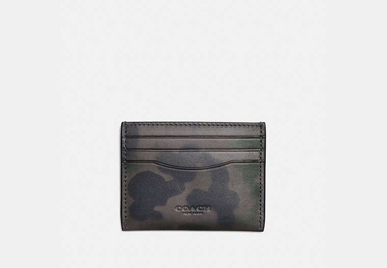 COACH®,CARD CASE WITH CAMO PRINT,Smooth Leather,Charcoal,Front View