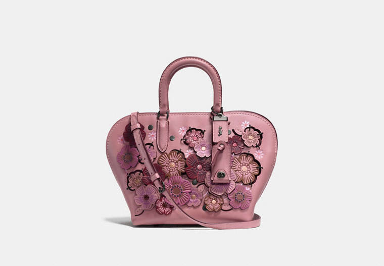 COACH®,DAKOTAH SATCHEL 22 WITH LINKED TEA ROSE,Glovetanned Leather,Large,Black Copper/Dusty Rose,Front View
