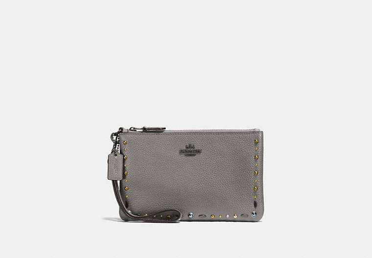 COACH®,SMALL WRISTLET WITH PRAIRIE RIVETS,Leather,Dark Gunmetal/Heather Grey,Front View