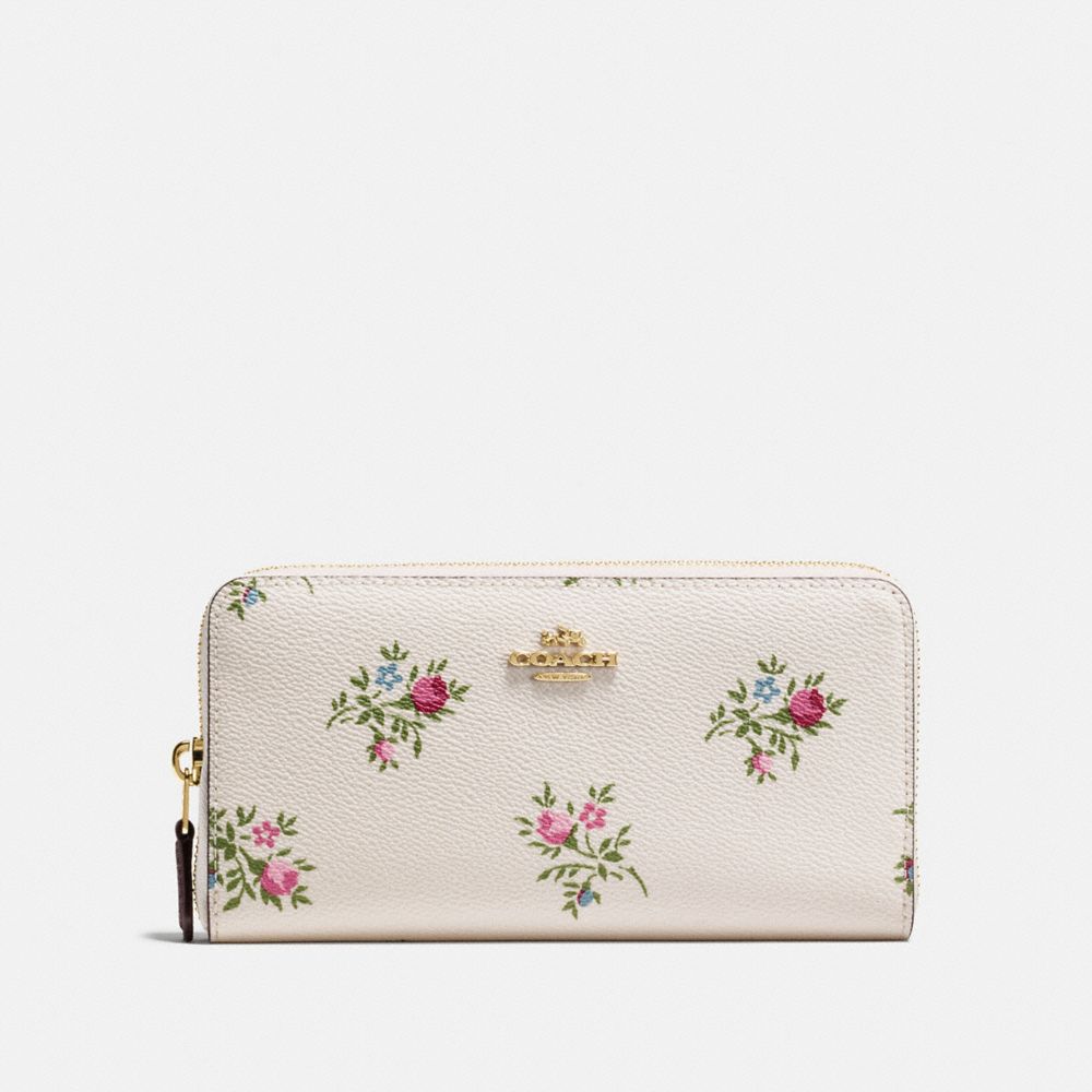 COACH®,PORTEFEUILLE ZIP ACCORDÉON AVEC IMPRIMÉ FLORAL AU POINT DE CROIX,PVC,Or Clair/Craie Fleurs Au Point De Croix,Front View