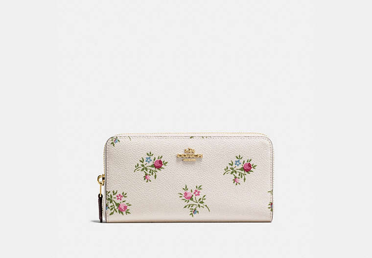 COACH®,ACCORDION ZIP WALLET WITH CROSS STITCH FLORAL PRINT,pvc,Light Gold/Chalk Cross Stitch Floral,Front View