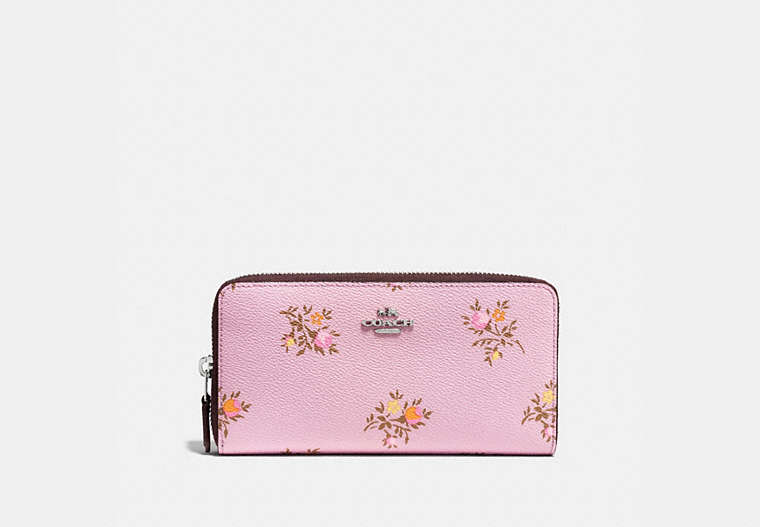 COACH®,ACCORDION ZIP WALLET WITH CROSS STITCH FLORAL PRINT,pvc,Silver/Lily Cross Stitch Floral,Front View