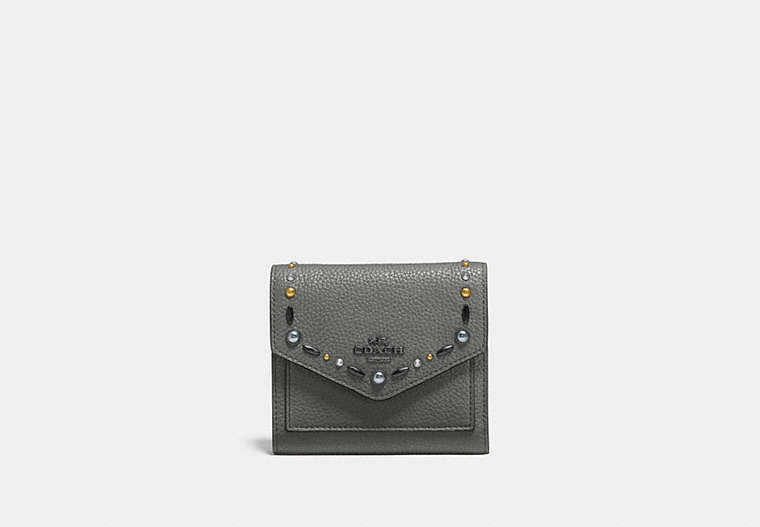 COACH®,SMALL WALLET WITH PRAIRIE RIVETS,Leather,Dark Gunmetal/Heather Grey,Front View