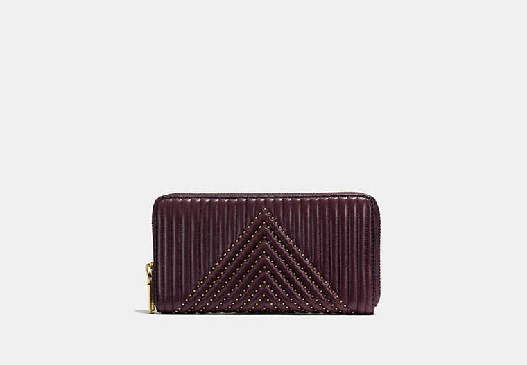 COACH®,ACCORDION ZIP WALLET WITH QUILTING AND RIVETS,Leather,Brass/Oxblood,Front View