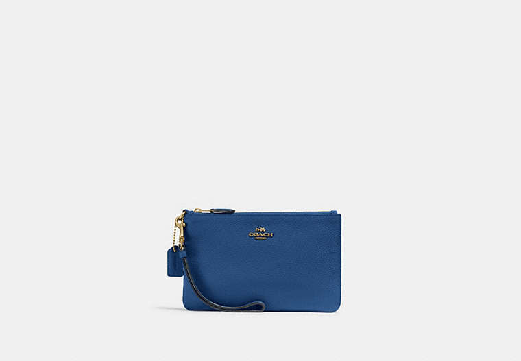 COACH®,SMALL WRISTLET,Pebbled Leather,Medium,Brass/Blue,Front View