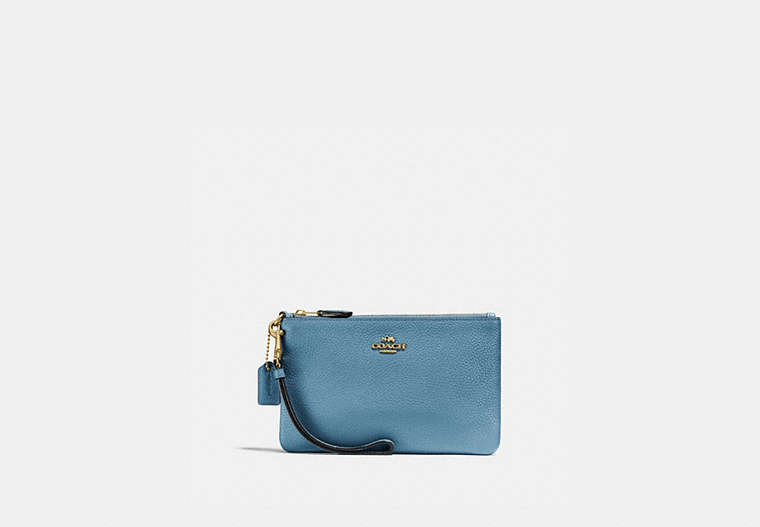 COACH®,SMALL WRISTLET,Pebbled Leather,Medium,Brass/Pacific Blue,Front View