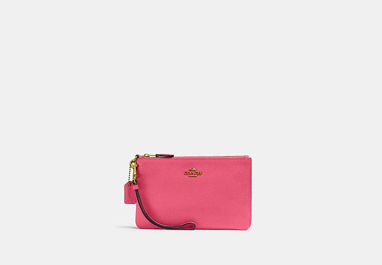 COACH®,SMALL WRISTLET,Pebbled Leather,Medium,Brass/Petunia,Front View