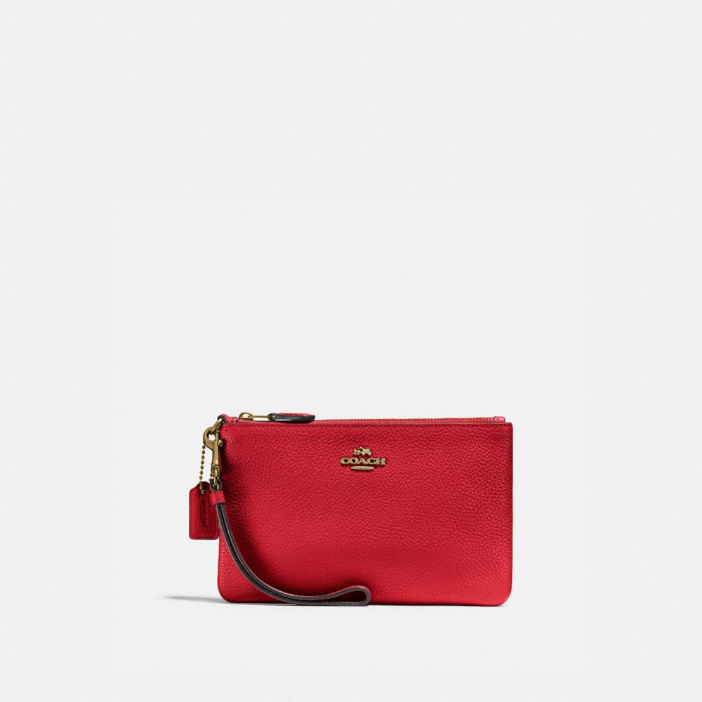 COACH®,PETIT WRISTLET,Cuir galet poli,Laiton/Rouge électrique,Front View