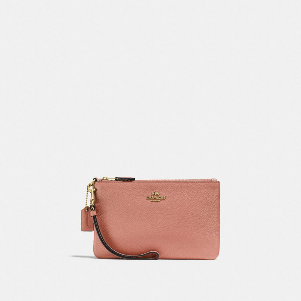 COACH®,PETIT WRISTLET,Cuir galet poli,Or/Pêche clair,Front View