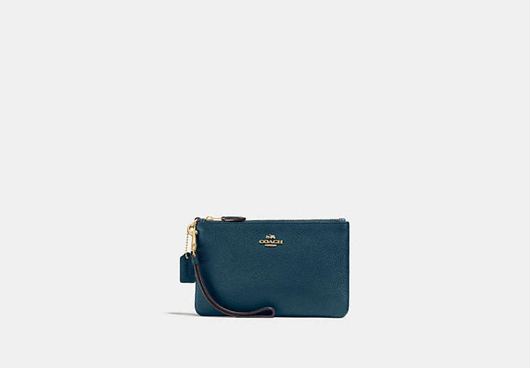 COACH®,SMALL WRISTLET,Pebbled Leather,Medium,Gold/Peacock,Front View