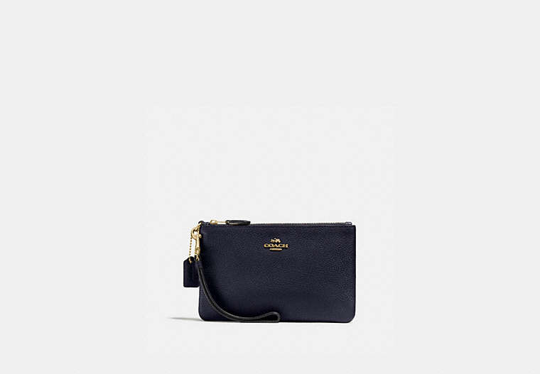 COACH®,SMALL WRISTLET,Pebbled Leather,Medium,Light Gold/Navy,Front View