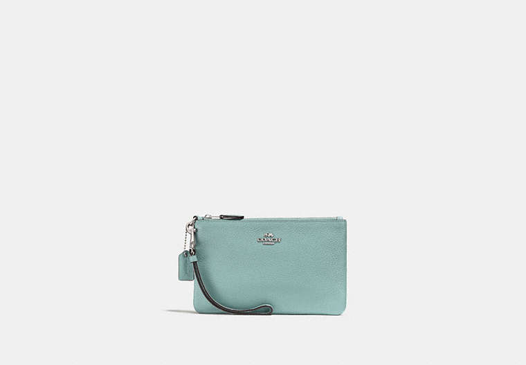 COACH®,SMALL WRISTLET,Pebbled Leather,Medium,Light Teal/Silver,Front View