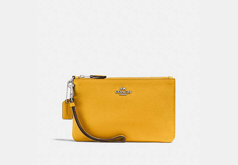 COACH®,SMALL WRISTLET,Pebbled Leather,Medium,Silver/Canary,Front View