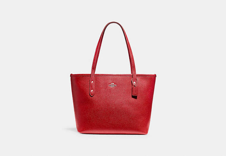COACH®,MINI CITY ZIP TOTE,pusplitleather,Medium,Silver/True Red,Front View